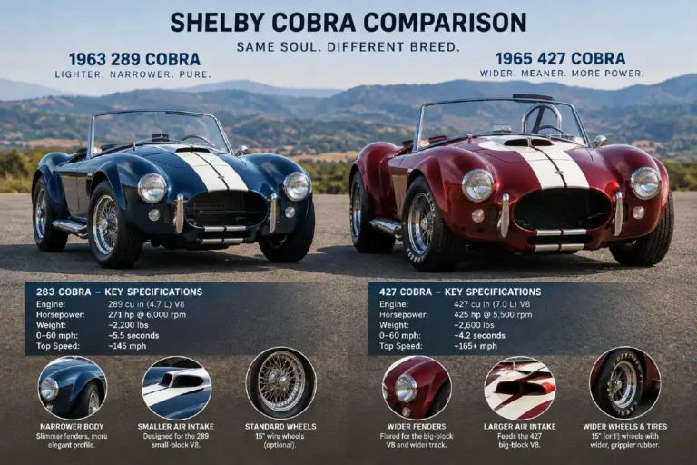 Shelby Cobra 427 wide-body alongside Shelby Cobra 289 narrow-body showing the dramatic visual and engineering difference between the two configurations with the 427 using a completely redesigned wider chassis and flared fenders to accommodate the 427 cubic inch side-oiler big-block V8 producing 425 horsepower street and 485 horsepower race compared to the 289's narrower original AC Ace derived chassis with the 289 cubic inch small-block producing 271 horsepower street with approximately 316 genuine 427 Cobras produced versus 655 genuine 289 Cobras