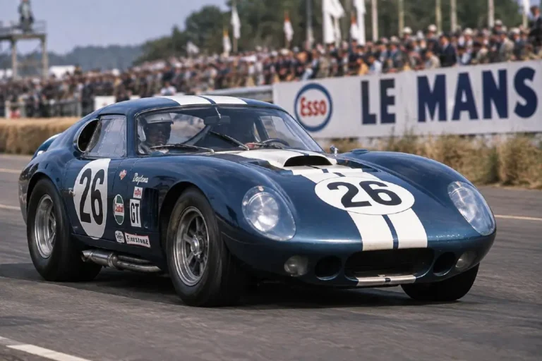 Shelby Cobra Daytona Coupe designed by Peter Brock with the closed aerodynamic fastback body created specifically for Le Mans and high-speed circuits to address the open roadster's aerodynamic limitations at speeds above 160 mph on the Mulsanne Straight finishing fourth overall at the 1964 24 Hours of Le Mans and winning the GT category contributing to the Shelby American program that won the 1965 FIA World Manufacturers Championship as the first American manufacturer to beat Ferrari for that title