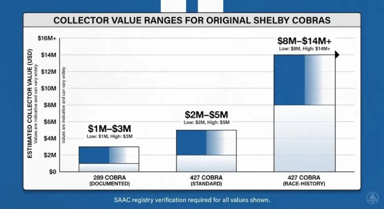 Bar chart showing collector market values for original Shelby Cobras by configuration with genuine 289 Cobra documented at 1 million to 3 million dollars genuine 427 Cobra standard at 2 million to 5 million dollars and exceptional 427 Cobra with race history at 8 million to 14 million dollars or more based on Mecum Barrett-Jackson RM Sothebys and Gooding and Company auction records with the note that SAAC Shelby American Automobile Club registry verification is required for all transactions involving claimed original Cobras