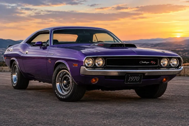 1970 Dodge Challenger first generation E-body platform showing the original American muscle car that launched with a 426 HEMI producing 425 horsepower alongside 440 Magnum and 440 Six Pack engine options in a body available as both coupe and convertible representing the design reference point that Dodge used as the basis for the 2008 third generation retro styling with total first generation production of approximately 165000 units across five model years 1970 through 1974