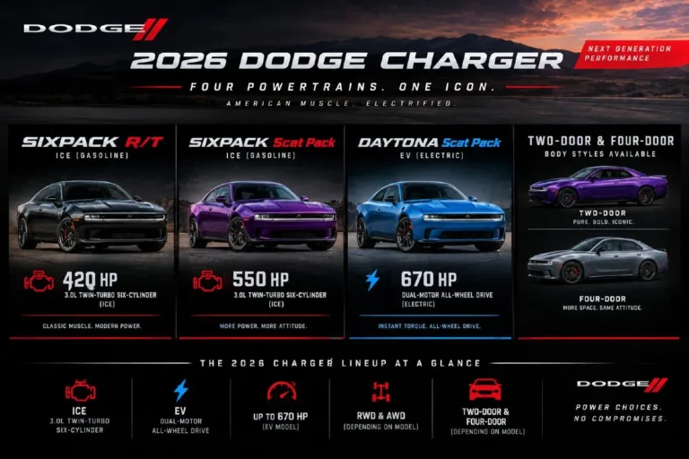2026 Dodge Charger lineup showing the vehicles that replaced the Dodge Challenger including the SIXPACK R/T producing 420 horsepower from an internal combustion engine the SIXPACK Scat Pack producing 550 horsepower from an internal combustion engine and the Daytona Scat Pack EV producing 670 horsepower from an electric powertrain available in both two-door and four-door configurations with the Fratzonic Chambered Exhaust system generating artificial exhaust sound on the electric models as documented in Dodge official 2026 product materials