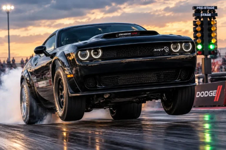 2023 Dodge Challenger SRT Demon 170 at drag strip launch showing the front-end nose rise under acceleration from 1025 horsepower on E85 fuel covering the quarter mile in 8.91 seconds at 151.17 mph as documented in Dodge official specifications and NHRA-protocol timing making it the quickest production car in the quarter mile at the time of its release with 3300 total units produced 3000 for the United States market and 300 for Canada