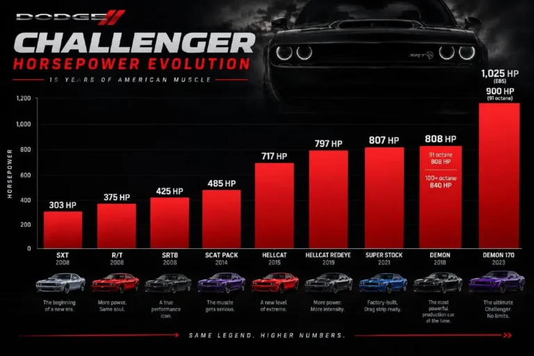 Bar chart showing the Dodge Challenger horsepower escalation from 2008 to 2023 starting with the 303 horsepower Pentastar V6 SXT and 375 horsepower R/T through the 485 horsepower Scat Pack the 717 horsepower Hellcat in 2015 the 797 horsepower Hellcat Redeye in 2019 the 807 horsepower Super Stock in 2021 the 808 horsepower 2018 SRT Demon on 91-octane gasoline reaching 840 horsepower on 100-plus octane and the 2023 SRT Demon 170 at 900 horsepower on 91-octane and 1025 horsepower on E85 ethanol fuel based on Dodge official specifications