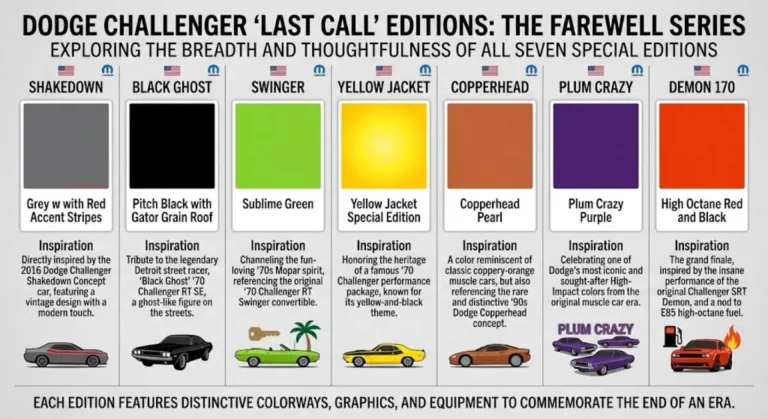 The seven Dodge Challenger Last Call special editions produced in 2023 to mark the end of Challenger production including the Shakedown inspired by the 1970s Dodge Super Bee the Black Ghost honoring a 1970 Detroit street racing legend the Swinger referencing a 1971 package the Yellow Jacket in High Voltage Yellow the Copperhead referencing the 1999 Plymouth Prowler concept the Plum Crazy in a historic 1970 Dodge color and the SRT Demon 170 as the final and most powerful edition with 1025 horsepower on E85 concluding the Last Call series