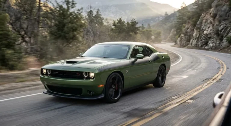 Dodge Challenger Scat Pack showing the 392 cubic inch 6.4-liter naturally aspirated HEMI V8 producing 485 horsepower and 475 lb-ft of torque available with a six-speed manual transmission as the value-focused performance choice in the Challenger lineup with quarter-mile times of approximately 11.7 to 12.0 seconds and pricing starting under 45000 dollars representing one of the highest power-per-dollar production cars available from any American manufacturer during the third generation production run