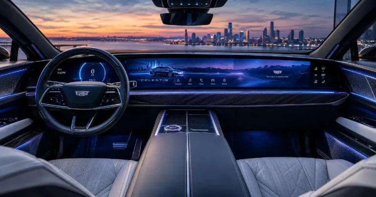 Cadillac Celestiq interior showing the 55-inch pillar-to-pillar dashboard display and hand-crafted luxury appointments of the most expensive non-hypercar American-built vehicle starting in the low 400000 dollar range with only approximately 25 units produced per year at the GM Artisan Center in Warren Michigan featuring 819-horsepower dual-motor AWD powertrain 3.7-second 0-60 and 303 miles of electric range competing directly with Rolls-Royce Ghost and Bentley Flying Spur as America's most exclusive luxury sedan