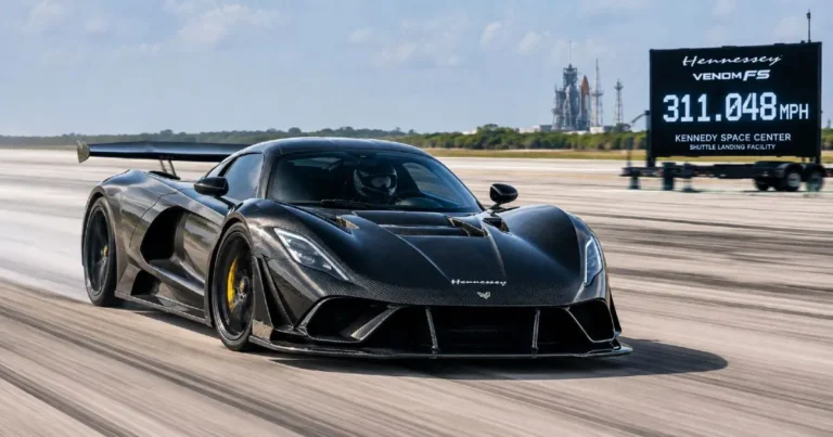 Hennessey Venom F5 achieving the verified top speed of 311.07 mph at the Kennedy Space Center Shuttle Landing Facility in November 2025 under SAE J1349 certified conditions at a location chosen for its 20-inch thick reinforced concrete zero crosswinds and GPS-tracked timing accuracy powered by the 1817-horsepower 6.6-liter twin-turbo V8 called Fury in a 24-unit production run with the final 12 units priced at approximately 2.1 million dollars each requiring a two-day driver certification program before Hennessey will deliver the vehicle