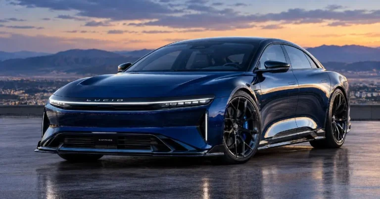 Lucid Air Sapphire electric sedan showing the performance-specific body treatment including front splitter rear diffuser and Sapphire-specific aerodynamic elements producing 1234 horsepower from its tri-motor AWD system reaching 60 mph in 1.89 seconds and 205 mph top speed starting at 250500 dollars built at Lucid's Casa Grande Arizona manufacturing facility representing the most powerful American-built EV performance sedan available in 2026 behind only the Cadillac Celestiq in price among American-brand vehicles