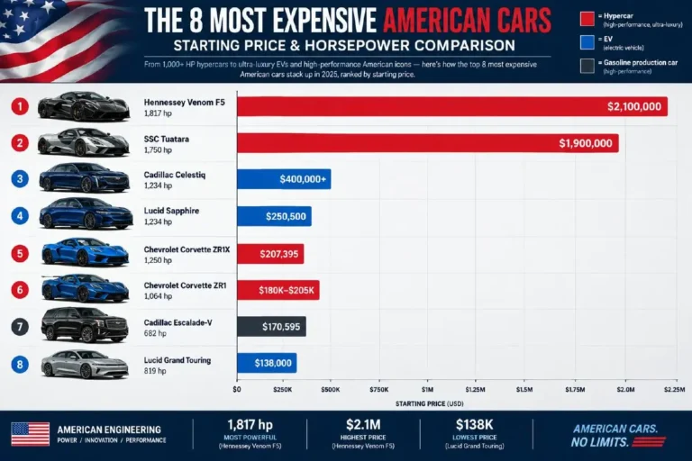 Horizontal bar chart ranking the what's the most expensive cars by starting price in 2026 with Hennessey Venom F5 at approximately 2.1 million dollars and 1817 horsepower SSC Tuatara at approximately 1.9 million dollars Cadillac Celestiq starting in the low 400000 dollar range Lucid Air Sapphire at 250500 dollars Chevrolet Corvette ZR1X at 207395 dollars Chevrolet Corvette ZR1 at approximately 180000 to 205000 dollars Cadillac Escalade-V at 170595 dollars and Lucid Air Grand Touring at approximately 138000 dollars with horsepower figures noted beside each vehicle