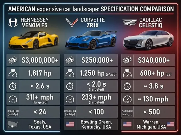 Three-column specification comparison showing the Hennessey Venom F5 at 2.1 million dollars 1817 horsepower 2.5 seconds to 60 mph 311 mph top speed 24 total units built in Sealy Texas versus the Chevrolet Corvette ZR1X at 207395 dollars 1250 horsepower under 2 seconds to 60 mph built in Bowling Green Kentucky versus the Cadillac Celestiq starting in the low 400000 dollars 819 horsepower 3.7 seconds to 60 mph 25 units per year built in Warren Michigan representing the spectrum of American automotive ambition from Texas hypercar to Kentucky sports car to Michigan bespoke luxury