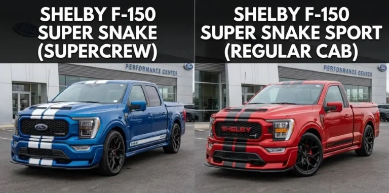 Side by side comparison of the Shelby F-150 Super Snake four-door crew cab and the Shelby F-150 Super Snake Sport two-door regular cab, showing the difference in body length, configuration, and street performance focus between the two 785 horsepower Shelby trucks in 2026 