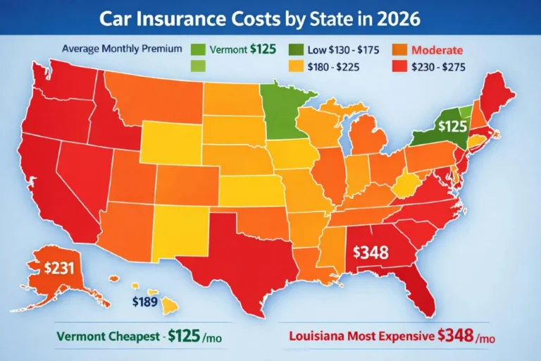 US map showing car insurance costs by state in 2026 with Vermont cheapest at 125 dollars per month and Louisiana most expensive at 348 dollars per month