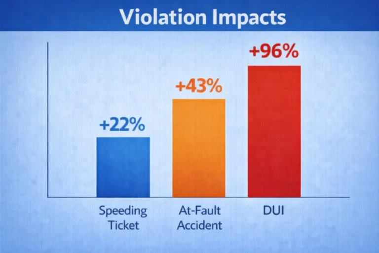 Car insurance rate increases after violations showing 22 percent for speeding ticket 43 percent for at fault accident and 96 percent for DUI