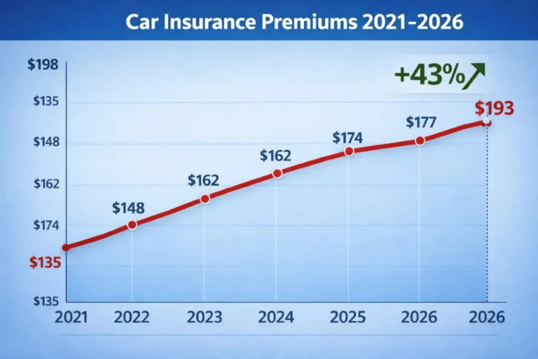 Car insurance premium trend graph from 2021 to 2026 showing 43 percent increase with slight decrease in 2025