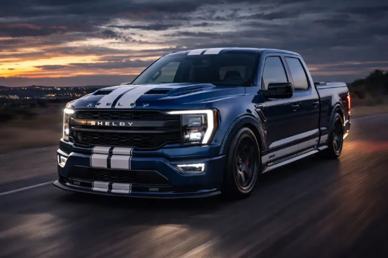 2026 F-150 Shelby Super Snake Sport regular cab in black with Shelby racing stripes and Ram Air hood, showing lowered suspension stance and custom fender flares, the most powerful limited-production American performance truck in 2026