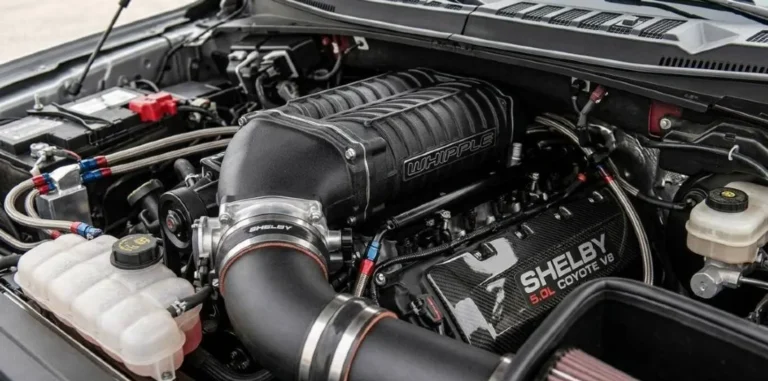 Engine bay of the F-150 Shelby Super Snake Sport showing the Whipple supercharged 5.0-liter Coyote V8 producing 785 horsepower and 685 lb-ft of torque, hand-built by Shelby American in Las Vegas Nevada