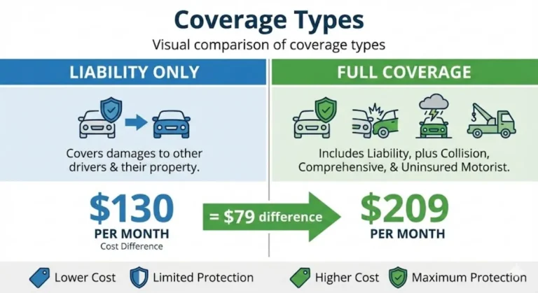 Comparison chart showing liability only versus full coverage car insurance with cost difference of 130 dollars versus 209 dollars per month