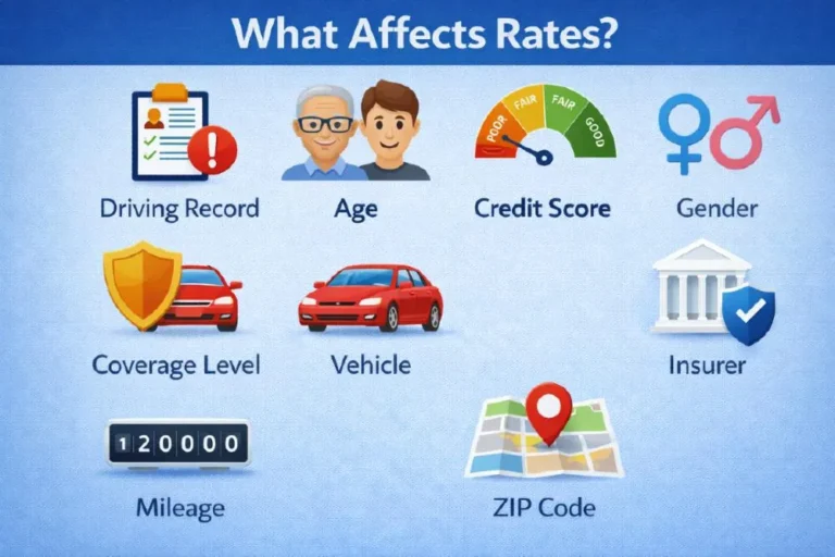 Nine factors affecting car insurance rates including driving record age credit score coverage level vehicle gender mileage ZIP code and insurer