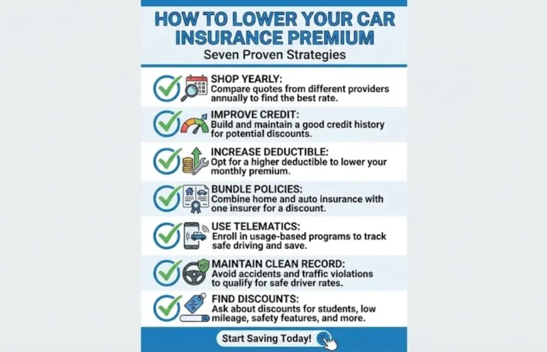 Seven ways to lower car insurance premium including shop yearly improve credit increase deductible bundle policies use telematics maintain clean record and find discounts