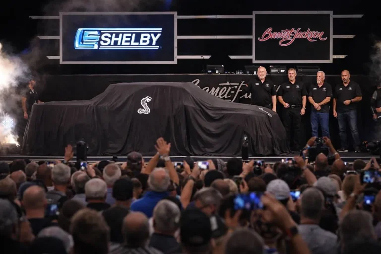 Shelby American F-150 Super Snake Sport reveal tease at Barrett-Jackson Scottsdale auction January 2026, showing the covered truck before its official debut at the premier American collector car auction event