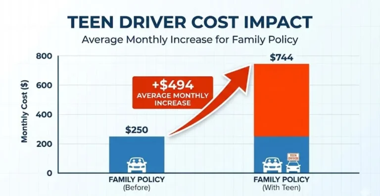 Cost of adding teen driver to family car insurance policy showing average 494 dollars per month increase