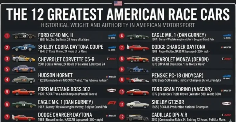 Visual ranking chart of the 12 greatest American race cars in history including the Ford GT40 MkIV 1967 Le Mans winner the Shelby Cobra Daytona Coupe 1965 FIA GT champion with only 6 built the Hudson Hornet with 27 NASCAR wins in 1952 the Cunningham C4-R 1952 Le Mans fourth place the Dodge Charger Daytona first 200mph NASCAR car the Plymouth Superbird the Corvette C5-R with 31 ALMS class victories the Dan Gurney Eagle 1967 Belgian Grand Prix the Dodge Viper GTS-R 2000 Le Mans GT winner the Camaro Z/28 Trans-Am champion the Ford Torino Talladega and the Penske PC6
