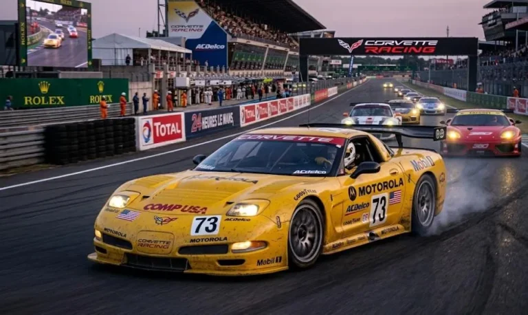 Chevrolet Corvette C5-R in factory yellow Corvette Racing livery competing in ALMS American Le Mans Series or 24 Hours of Le Mans endurance racing showing the purpose-built space frame racing car developed by Pratt and Miller with Chevrolet producing 610 horsepower from the Katech LS1.R engine accumulating 31 class victories in the American Le Mans Series and winning at the 24 Hours of Daytona and 24 Hours of Le Mans class with only 11 examples produced