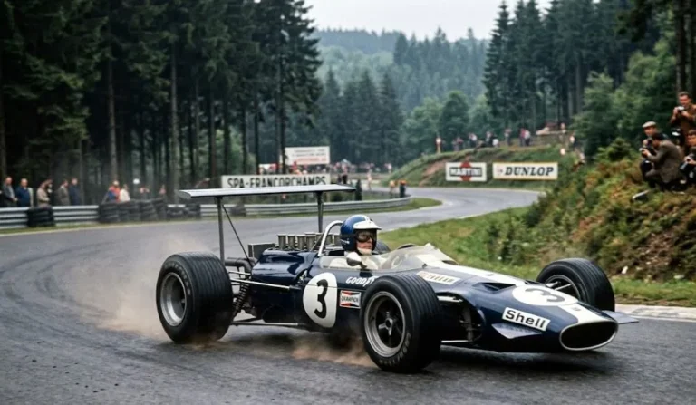 Dan Gurney driving the Eagle Mk1 Formula One car at the 1967 Belgian Grand Prix at Spa-Francorchamps showing the car considered by many as one of the most beautiful Formula One racers ever made powered by the Eagle-Weslake 3.0 liter V12 engine producing approximately 450 horsepower at 10000 rpm in a car weighing less than 1200 pounds making it the only American-built Formula One car driven by an American driver to win a World Championship Grand Prix in the modern era of the sport