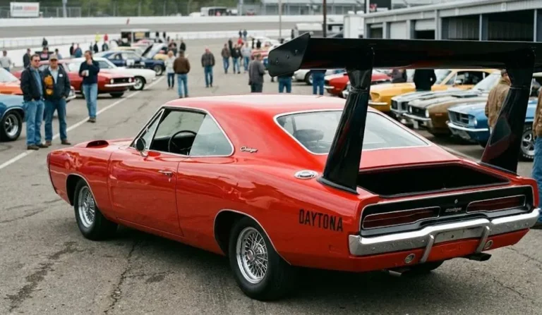 1969 Dodge Charger Daytona showing the complete aerodynamic package including the pointed nose cone with flip-up headlights and the enormous rear wing stabilizer mounted on vertical struts high above the trunk lid that made it the first car in NASCAR history to break the 200 mph barrier on a superspeedway and became by far the most visually exotic looking race car that had ever competed in NASCAR at the time based on the standard Dodge Charger body with extensive aerodynamic modifications