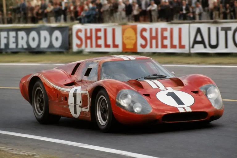 Ford GT40 MkIV at the 1967 24 Hours of Le Mans showing the only all-American GT40 built at Ford's Wixom Michigan assembly plant driven by Americans A.J. Foyt and Dan Gurney to victory achieving a 1-2-3 formation finish and defeating Ferrari on the world's most prestigious endurance racing stage making it the first American-built car to win Le Mans outright and the most historically significant American motorsport victory in history