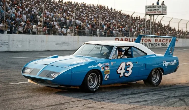 Richard Petty's No. 43 Plymouth Superbird in Petty Blue livery for the 1970 NASCAR Grand National season showing the complete aerodynamic package of nose cone rear wing and modified body that was the corporate twin of the Dodge Charger Daytona developed as an aero warrior to compete on NASCAR superspeedways with Richard Petty returning to Plymouth specifically to drive this car before NASCAR banned the extreme aerodynamic configurations after the 1970 season