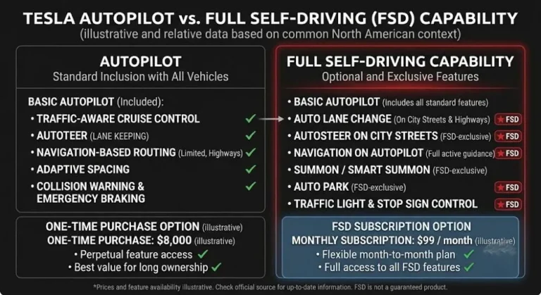 Two-column comparison showing Tesla Model 3 standard Autopilot features included with all variants including adaptive cruise control automatic lane centering and traffic-aware cruise control versus Full Self-Driving optional features at 8000 dollars one-time or 99 dollars monthly including automatic lane changes Navigate on Autopilot Autopark Smart Summon and Traffic Light and Stop Sign Control with the note that FSD is a driver assistance system requiring attentive driver at all times not approved as autonomous driving