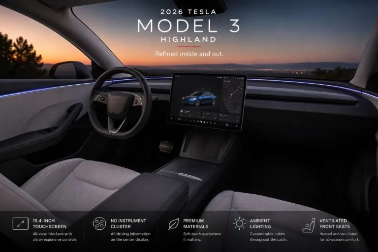 2026 Tesla Model 3 Highland refresh interior showing the revised dashboard with slimmer profile improved soft-touch materials ambient lighting system ventilated front seats standard across all three variants and the 15.4-inch horizontal touchscreen that controls all vehicle functions alongside the 8-inch rear touchscreen for rear passengers representing the most significant interior quality improvement in the Model 3's production history addressing the most consistent pre-Highland criticism of interior material quality