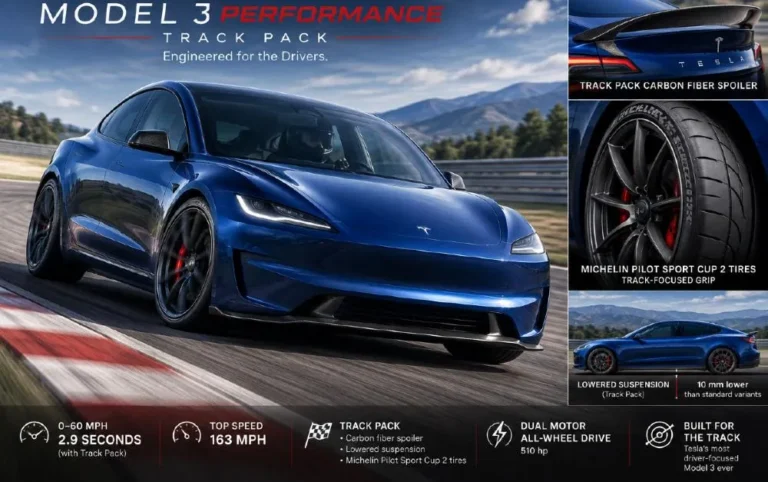 2026 Tesla Model 3 Performance AWD with Track Pack showing the carbon fiber rear spoiler Brembo brake calipers lowered adaptive suspension Michelin Pilot Sport Cup 2 tires and the specific hardware that produces the 2.9-second 0-60 mph time and 162 mph top speed making it quicker than the BMW M3 Competition the Audi RS4 and the Mercedes-AMG C63 at less than half their purchase prices starting at 53240 dollars plus the 5000 dollar Track Pack option