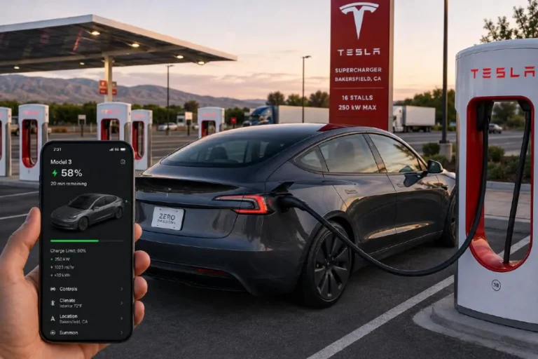 2026 Tesla Model 3 connected to a Tesla V3 Supercharger station with NACS connector showing the charging network that provides 250 kW maximum charging speed allowing 10 to 80 percent charge in approximately 25 minutes across a global network of over 50000 Superchargers representing the most extensive and most reliable public DC fast charging network available to any electric vehicle and the primary competitive advantage of the Tesla Model 3 over every non-Tesla electric sedan competitor