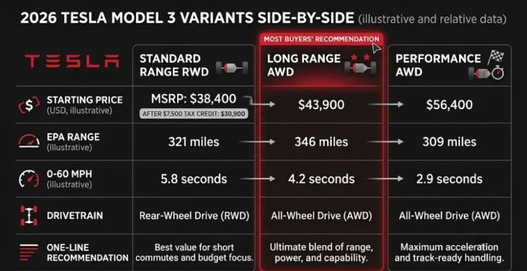 Three-column comparison chart for the 2026 Tesla Model 3 showing Standard Range RWD starting at 40240 dollars with approximately 272 miles of range and 5.8-second 0-60 with potential 32740 dollar net price after federal tax credit Long Range AWD at approximately 47240 dollars with 358 miles of range and 4.2-second 0-60 highlighted as most recommended variant and Performance AWD at 53240 dollars with approximately 315 miles of range and 2.9-second 0-60 with Track Pack noting the additional 5000 dollar Track Pack cost