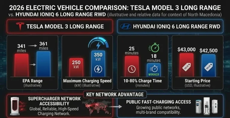 Side-by-side comparison chart showing the 2026 Tesla Model 3 Long Range AWD against the 2026 Hyundai Ioniq 6 Long Range RWD with Model 3 winning on Supercharger network access and starting price comparison and Ioniq 6 winning on 800-volt charging speed at 230 kW versus Model 3's 250 kW V3 Supercharger and 18-minute 10 to 80 percent charge time versus the Model 3's 25 minutes representing the most direct technical challenger to the Model 3 in the 2026 electric sedan market