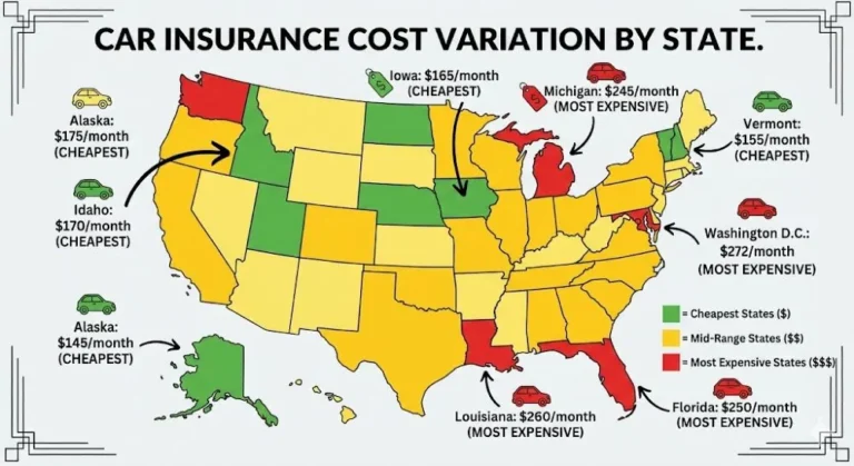 Color coded map of the United States showing car insurance cost variation by state in 2026 with Alaska highlighted at 145 dollars per month as one of the cheapest states for full coverage and Washington DC highlighted at 272 dollars per month as the most expensive demonstrating that the same driver with the same vehicle and same coverage can pay dramatically different rates based on their location