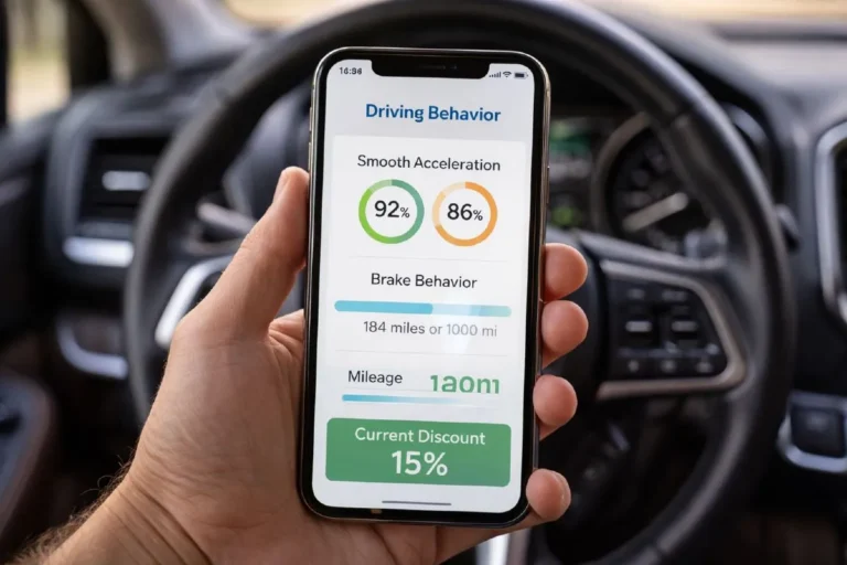 Smartphone showing driving behavior monitoring app dashboard in car interior representing telematics safe driver programs from Progressive Snapshot GEICO DriveEasy Travelers IntelliDrive and State Farm Drive Safe and Save that offer discounts of 10 to 30 percent for car insurance policyholders who demonstrate safe low-risk driving behavior during a 30 to 90 day monitoring period
