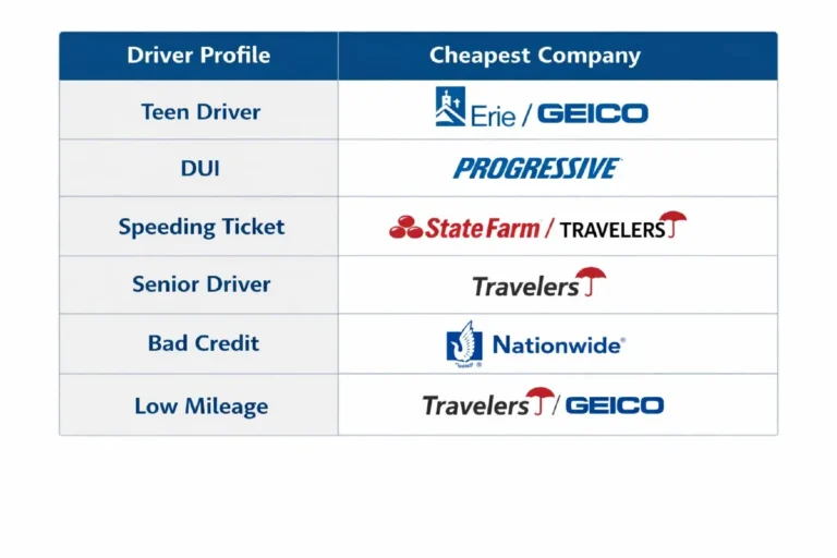 Reference table showing cheapest car insurance companies for six specific driver profiles in 2026 including Erie and GEICO for teen drivers Progressive for DUI drivers State Farm and Travelers for speeding ticket drivers Travelers for senior drivers Nationwide for bad credit drivers and Travelers and GEICO for low mileage drivers under 7500 miles annually