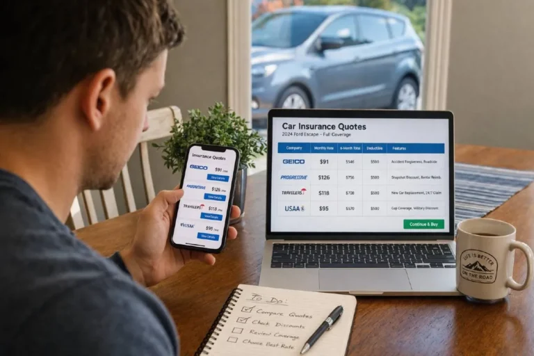 Person using laptop to compare car insurance quotes online representing the comparison shopping process that finds the cheapest car insurance companies in 2026 including USAA at 129 dollars per month Travelers at 139 dollars per month and GEICO at 41 dollars per month for liability only coverage against a national average of 218 dollars per month for full coverage