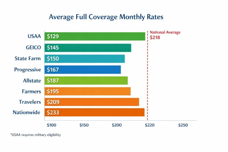 Horizontal bar chart comparing monthly full coverage car insurance rates for eight major insurers in 2026 showing USAA at 129 dollars per month for military eligible drivers Travelers at 139 dollars Erie Insurance at 159 dollars Auto-Owners at 171 dollars GEICO at 171 dollars Progressive at 171 dollars State Farm at 177 dollars and Nationwide at 233 dollars against a national average of 218 dollars based on NerdWallet