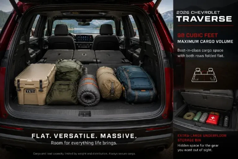 2026 Chevrolet Traverse maximum cargo configuration with both second and third rows folded showing 98 cubic feet of best-in-class cargo volume more than any direct midsize three-row SUV competitor including the Kia Telluride Hyundai Palisade Toyota Highlander and Ford Explorer alongside 22.9 cubic feet behind the third row and 56.6 cubic feet with the third row folded and an underfloor storage bin for concealed organized storage