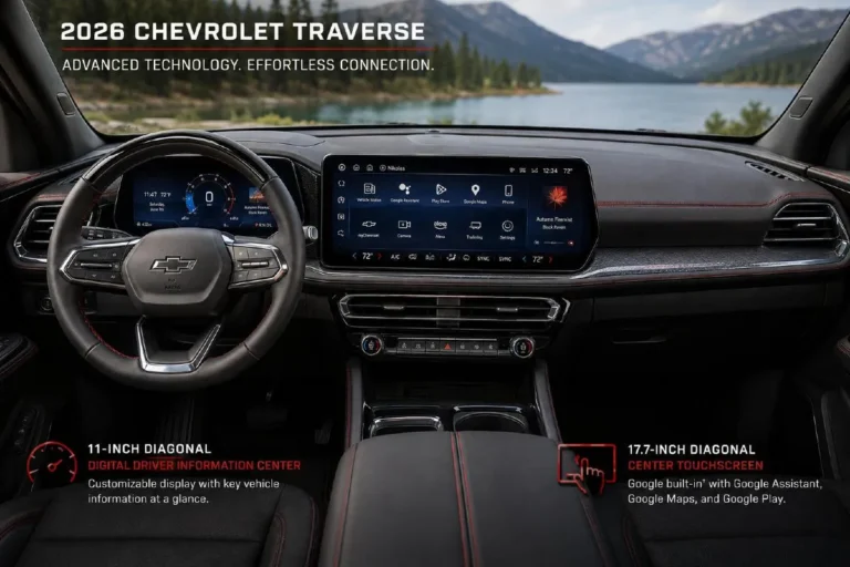 2026 Chevrolet Traverse interior showing the 17.7-inch center touchscreen the largest standard infotainment display in the midsize three-row SUV class running Google Built-in with wireless Apple CarPlay Android Auto and voice command alongside the 11-inch digital Driver Information Center both standard across all four trims from the 40800 dollar LT through the 57295 dollar High Country with Super Cruise hands-free driving available on LT and Z71 and standard on RS and High Country