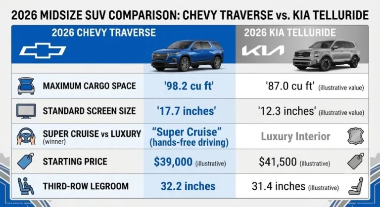 Two-column comparison chart showing the 2026 Chevrolet Traverse against the 2026 Kia Telluride with Traverse winning on maximum cargo space at 98 cubic feet versus Telluride standard infotainment screen size Super Cruise availability and third-row legroom at 32 inches and Kia Telluride winning on interior material quality and overall refinement representing the honest competitive assessment where the Traverse wins on space and technology and the Telluride wins on luxury feel