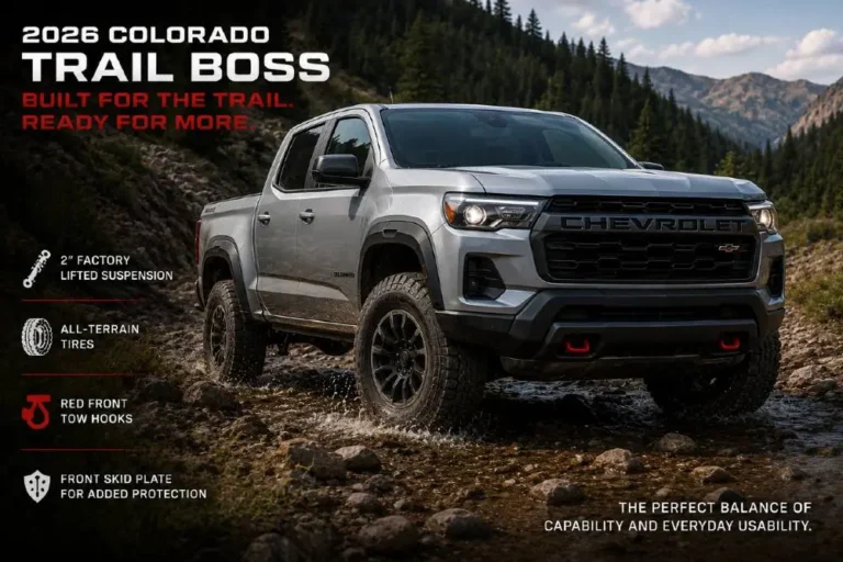 2026 Chevrolet Colorado Trail Boss showing the 2-inch factory suspension lift 9.5 inches of ground clearance all-terrain tires automatic locking rear differential skid plates and red tow hooks that make it a legitimate trail tool starting at 42495 dollars with full 7700-pound maximum towing capacity maintained unlike the ZR2 at 6000 pounds representing the best value off-road Colorado for buyers who need both genuine trail capability and maximum towing simultaneously