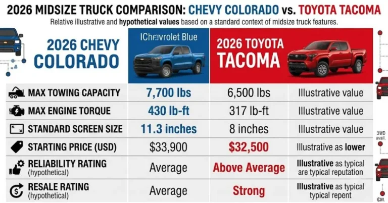 Two-column comparison chart showing the 2026 Chevrolet Colorado against the 2026 Toyota Tacoma with Colorado leading in maximum towing capacity at 7700 pounds versus Tacoma engine torque comparison standard infotainment screen size at 11.3 inches versus Tacoma starting price comparison and Toyota Tacoma leading in long-term reliability reputation and resale value representing the honest competitive assessment that makes the Colorado the better capability choice and the Tacoma the safer long-term choice