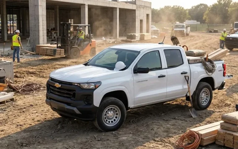 2026 Chevrolet Colorado WT Work Truck at a job site showing the most affordable midsize truck configuration at 34495 dollars before destination providing the same 2.7-liter TurboMax 310 horsepower 430 lb-ft torque and 7700-pound maximum towing as every other Colorado trim alongside the standard 11.3-inch touchscreen Google Built-in wireless Apple CarPlay and Chevy Safety Assist making it one of the most capable and most affordable midsize trucks available from any manufacturer