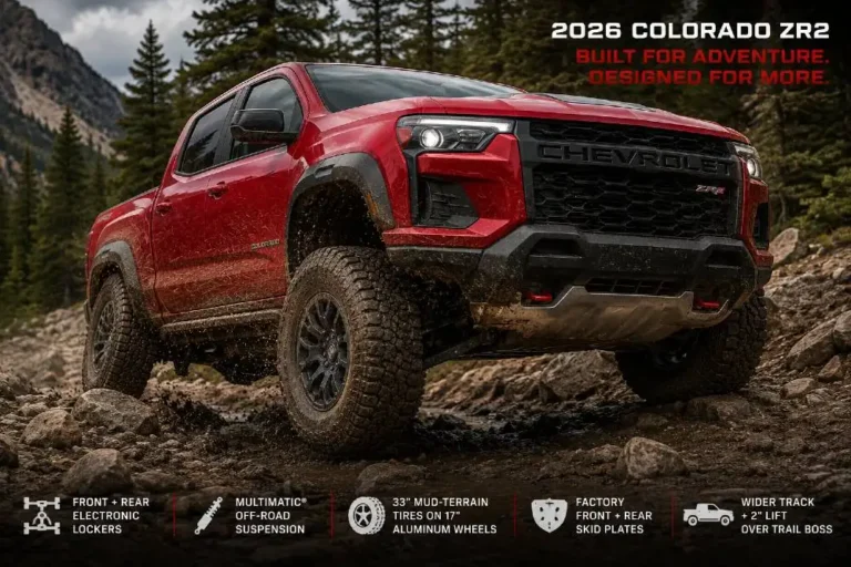 2026 Chevrolet Colorado ZR2 in off-road action showing the Multimatic DSSV Dynamic Suspension Spool Valve dampers 3-inch factory lift 33-inch mud-terrain tires on beadlock-capable 17-inch wheels 11.2 inches of ground clearance and five selectable drive modes including the exclusive Baja mode designed for sandy conditions with front and rear electronic locking differentials and a 3.5-inch wider track than standard trims limiting maximum towing to 6000 pounds in exchange for the most capable factory trail hardware in the midsize truck segment