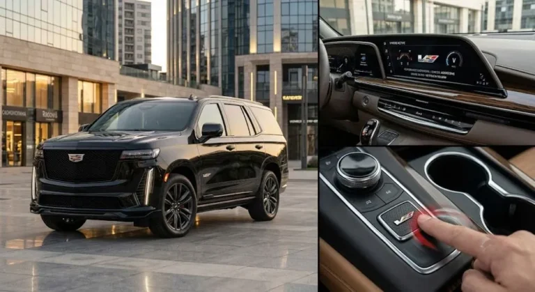 Cadillac Escalade-V showing the V-Mode button on the center console that activates the performance driving mode alongside the 55-inch curved OLED pillar-to-pillar display and the exterior presence of the 682 horsepower supercharged V8 luxury SUV reaching 60 mph in 4.4 seconds with Magnetic Ride Control and adaptive air suspension managing its 6000-plus pound weight during performance driving representing the most refined of the fastest American SUVs in the world